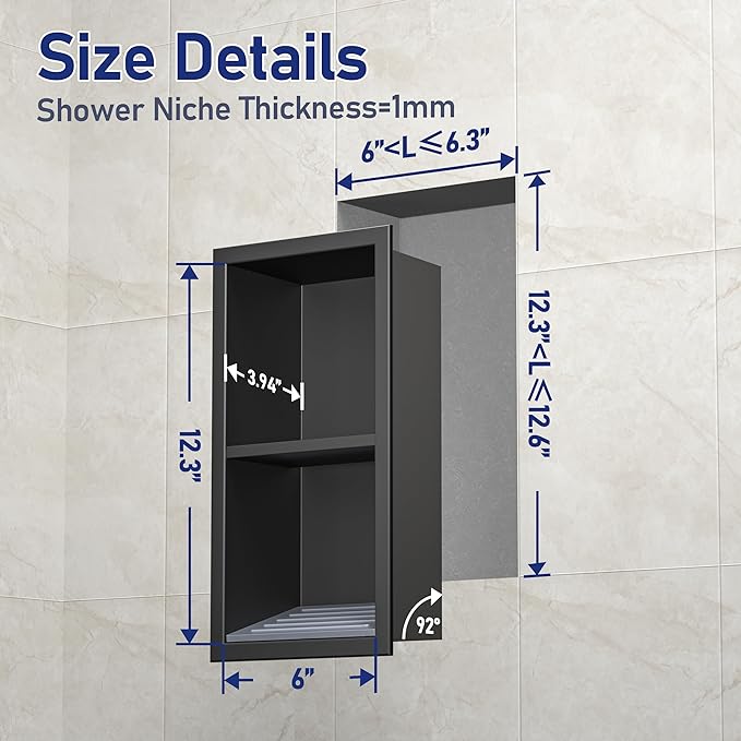 Shower Niche, 304 Stainless Steel Wall Niche Shower Stool for Bathroom, Recessed Shower Footrest w/Over Mount Installation, No Tile Needed (Matte Black, 12.3''x6'')