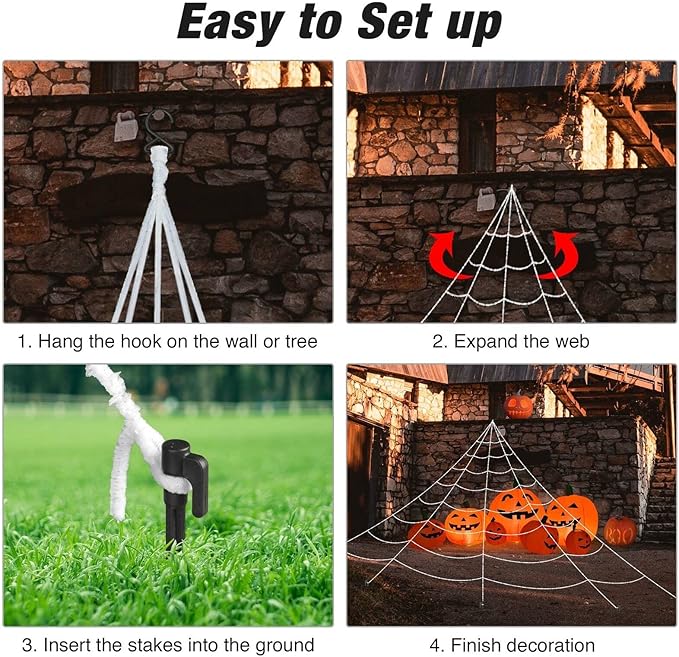 Halloween Decoration Outdoor Spider Web Decor 16ft with Giant Spider and Stretchy Dense Spider Silk Rope and 2 Small Spiders Triangular Huge Spider Web for Yard Outside Indoor