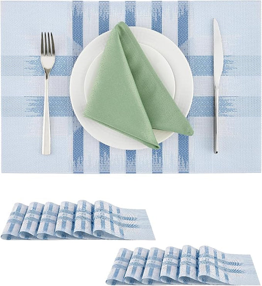 Leetaltree Geometric Print Blue Placemats Set of 12 - Heat Resistant Non-Slip Place mats for Dining Table, Washable Durable PVC Vinyl Woven Table Mats (Geometric Blue, 12)