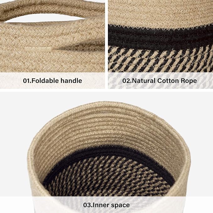 TIMEYARD Sturdy Jute Rope Plant Basket Modern Woven Basket up to 7.5 Inch Flower Pot Floor Indoor Planters, 8” x 8” Storage Organizer Baskets Rustic Home Decor, Black Stripes