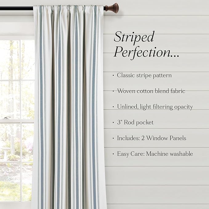 Lush Decor Farmhouse Stripe Yarn Dyed Cotton Window Curtain Panel Pair, 42" W x 84" L, Blue - Classic Modern Rustic Charm - Eco Friendly Cotton Fabric, Rod Pocket, Farmhouse stripe