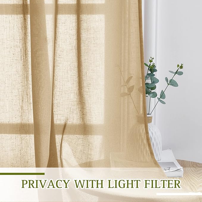 NICETOWN Sheer Linen Curtains Flax Texture 96 inch Long for Sliding Door, Grommet Semi Sheer Window Drapes Privacy with Light Filtering for Bedroom/Living Room, Camel, W70 x L96, 2 Panels