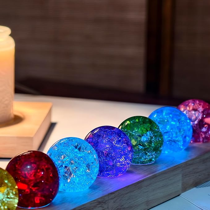 40mm 7 Colors Ice Cracked Glass Crystal Chakra Balls with LED Wooden Base Decorative Ornaments for Home Living Room, Night Sphere as Night Light Decoration and Healing Sphere