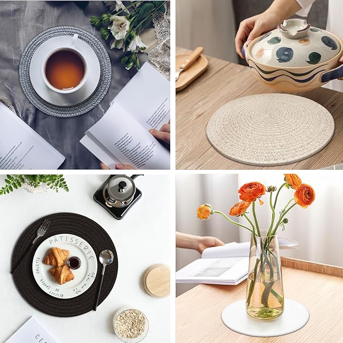Round Placemats Set of 6, Cotton Rope Woven Table Mats, Hot Pads for Kitchen, Non Slip Heat Resistant Place Mats, 13 Inches Braided Placemat for Farmhouse Decor and Kitchen Table Decor (Black)