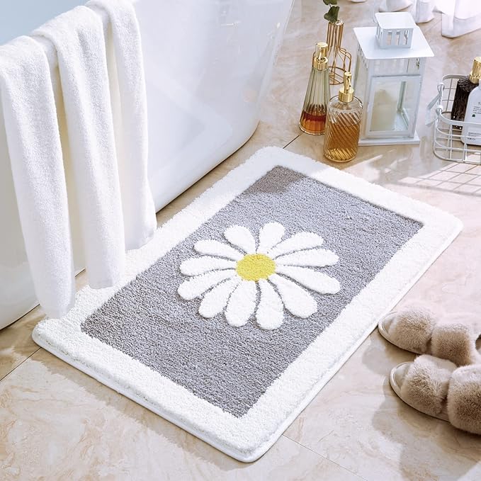 Rugs Mat, White Flower Bath Rugs Fluffy Soft Superfine Fiber Rugs Non Slip Bath Mat Machine Wash Plush Bathroom Rug for Bathroom Shower Room (16"×24", Gray)