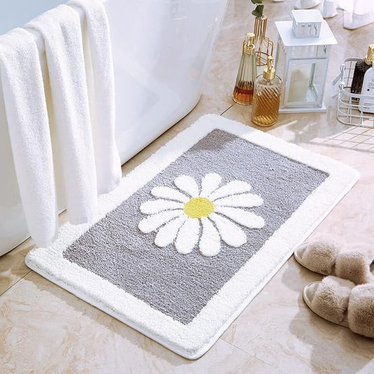 Rugs Mat, White Flower Bath Rugs Fluffy Soft Superfine Fiber Rugs Non Slip Bath Mat Machine Wash Plush Bathroom Rug for Bathroom Shower Room (16"×24", Gray)