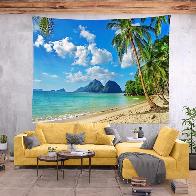 Loccor Ocean Beach Tapestry 118Wx78H Inch Tropical Seaside Island Palm Tree Waves Wall Tapestry Summer Hawaii Paradise Landscape Wall Hanging Hippie Bohemian Wall Art Living Room Bedroom Home Decor
