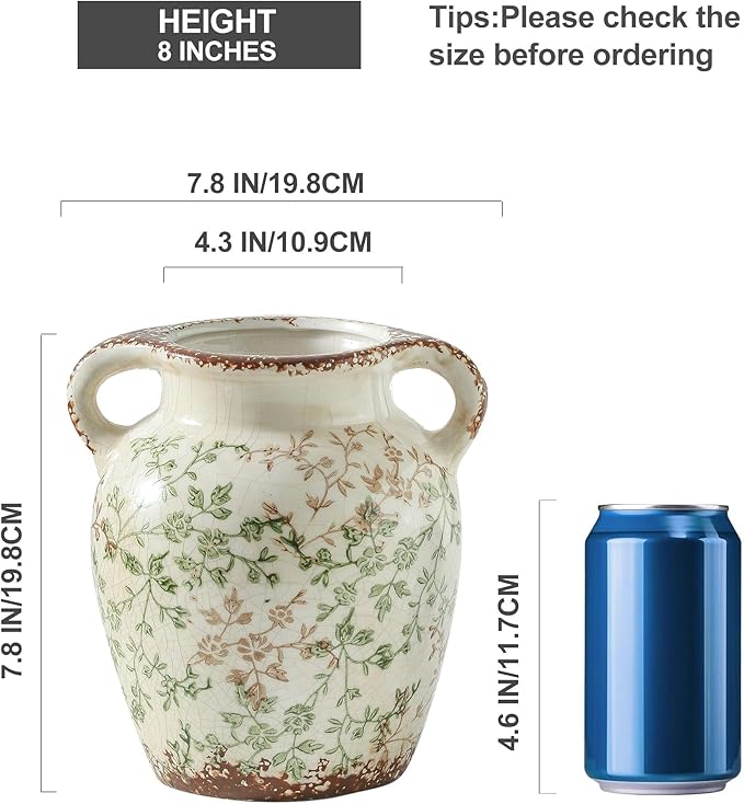 Enra Vintage vase,Green and Beige Ceramic Decorative Flower vase, Chinoiserie Floral Vase,Large Rustic Vases for Home Decors, Living Room, Bookshelf, Office 7.8 Inch
