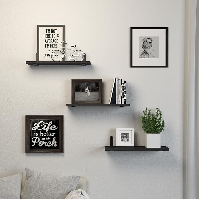 Wall Mounted Shelves, 3 Sets Floating Wood Shelves for Bathroom, Bedroom, Living Room Storage - Black