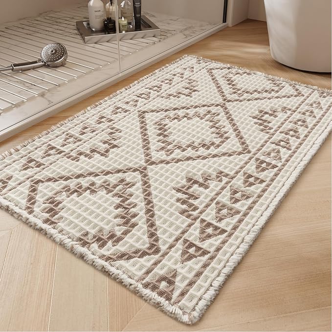 PADOOR-Waffle Bath Mat 24"x36"-Super Absorbent Bath Mats for Bathroom, Machine Washable Non Slip Bathroom Rug with Tassels, Soft Bathroom Mat for Laundry Room, Bedroom, Cream & Brown, 2'x 3'