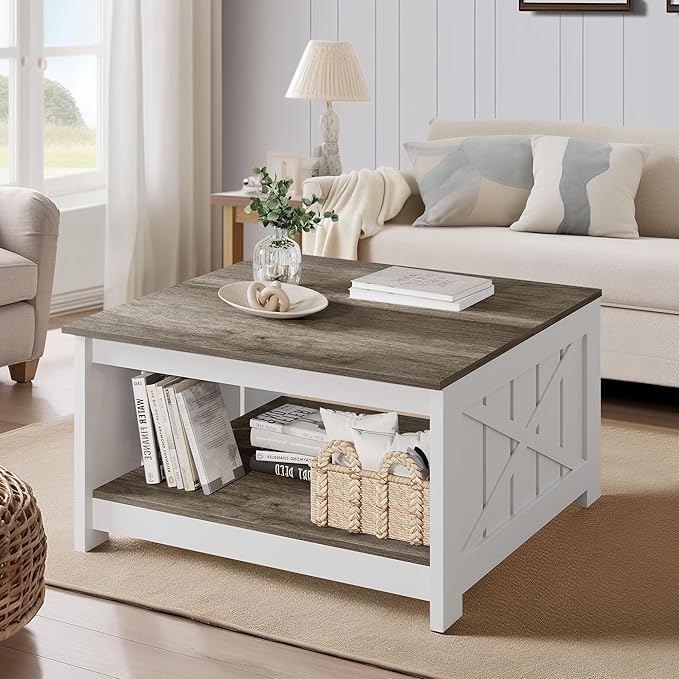 YITAHOME Coffee Table Farmhouse Coffee Table with Storage Rustic Wood Cocktail Table, Square Coffee Tables for Living Meeting Room with Half Open Storage Compartment, White and Light Brown