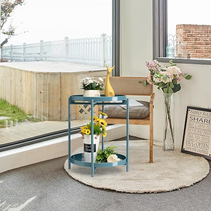 TeoKJ 2 Tier Round Side Table, Folding Round Metal End Table Small Nightstand with Two Removable Tray for Bedroom Living Room Bedside Small Spaces Blue Gray