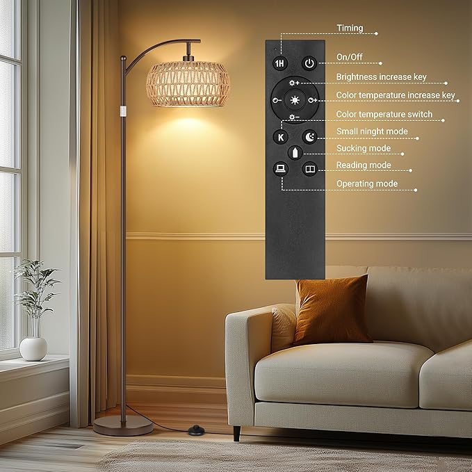 ROTTOGOON Boho Floor Lamp with Dimmable Bulb, Rattan &Linen Double Shades, Boho Standing Tall Lamps with Foot Switch, Brown Bohemian Floor Lamps for Living Room, Bedroom, Office