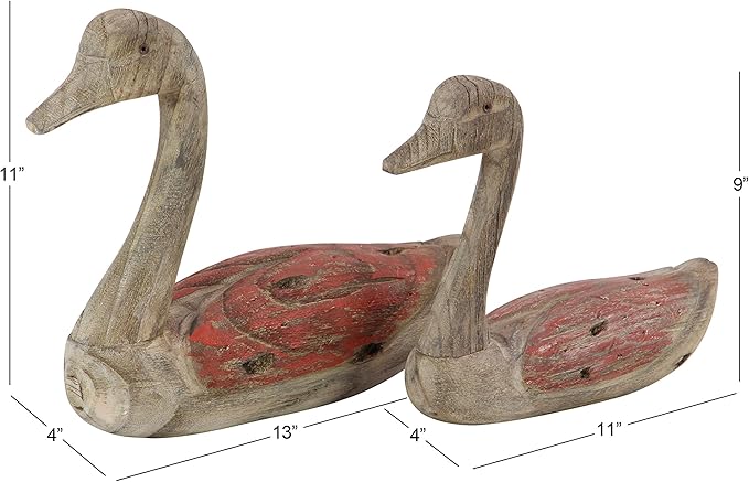 Deco 79 Wood Duck Decorative Sculpture Home Decor Statues, Set of 2 Accent Figurines 13", 11"W, Brown