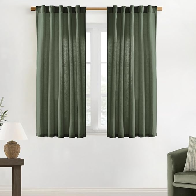 XTMYI Short Curtains for Bedroom,Pole Pocket Back Tab Linen Boho Small Curtain for Kitchen Shower Bathroom Window,54 Inch Length,Dark Olive Green