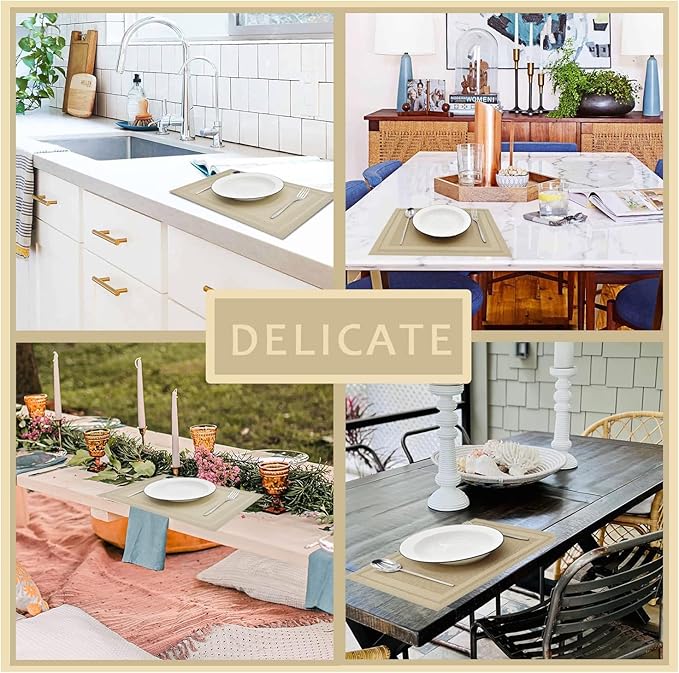 DACHUI Placemats Set of 6, Linen Look Woven Place Mats, Water Resistant, Heat Resistant, Washable, Durable Table Mats (Beige)