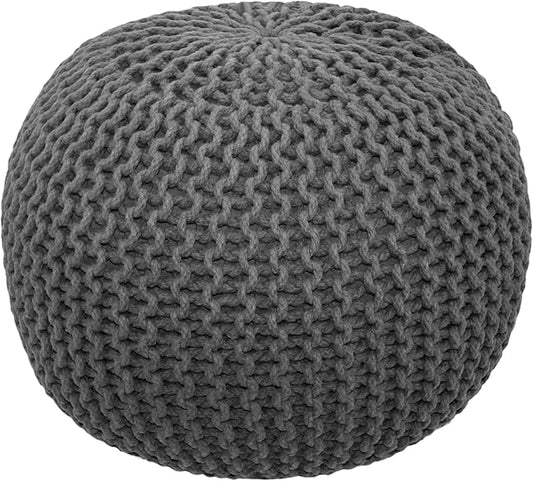 COTTON CRAFT Round Pouf - Hand Knitted Cotton Braid Cord Cable Dori Ottoman - Foot Stool - Floor Pouf Footrest Accent Seat Furniture Bean Bag - Living Room Kids Room Nursery Dorm Décor - 20x14 - Grey
