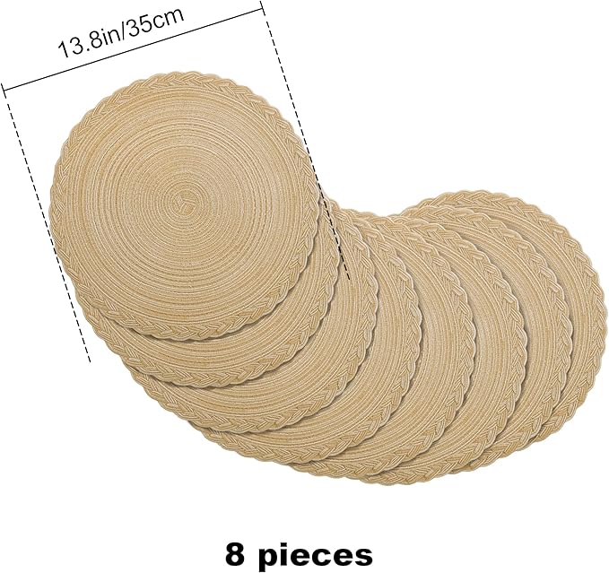 fanquare Round Braided Placemats Set of 8 Khaki Woven Placemats 15 Inch Lace Border Table Mats Round Burlap Placemats for Dining Table Wedding Party