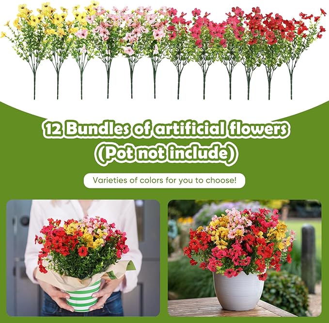 Artificial Flowers for Outdoors, 12 Bundles Artificial Plants & Flowers Outdoor, UV Resistant Faux Flowers Silk Fake Flower for Outside Porch Pot Window Garden Planter Decoration (Mixed Color)