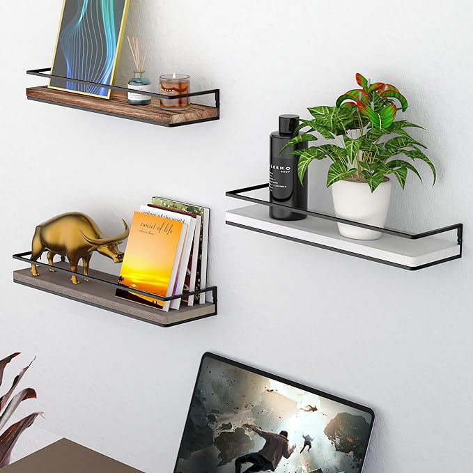 Meangood Floating Shelves Wall Mounted Set of 2, Rustic Wood Wall Storage Shelves for Bedroom,Living Room,Bathroom, Kitchen (White)