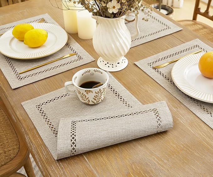Burlap Placemats Set of 6, 12 x 18 Inch Rustic Geometric Hollow Place Mats, Heat Resistant Placemats for Farmhouse Kitchen Table Decor, Coffee 6PCS