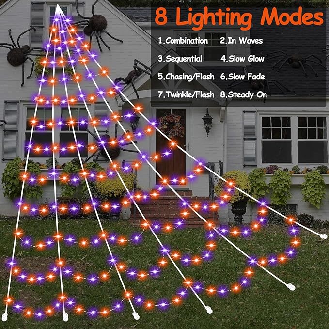 Halloween Decoration Spider Web with 350 LEDs, Adjust Brightness, 8 Light Modes, Giant Light Up Spiderweb 22.96FT(Orange+Purple), Halloween Outdoor Yard Lawn Scary Decor