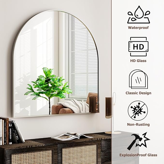 Arched Bathroom Mirror, 32x34 Inch - Wall Mounted Vanity Mirror with Aluminum Alloy Frame - Ideal for Living Room, Bedroom, Bathroom, and Entryway, Hanging or Leaning,Sliver