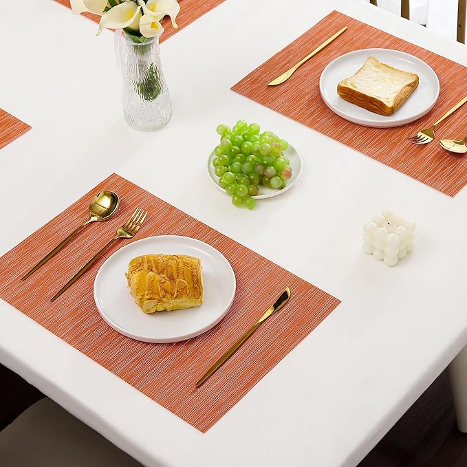 Leetaltree Orange Placemats Set of 8 - Heat Resistant Non-Slip Place mats for Dining Table, Washable Durable PVC Vinyl Woven Table Mats(Orange, 8)