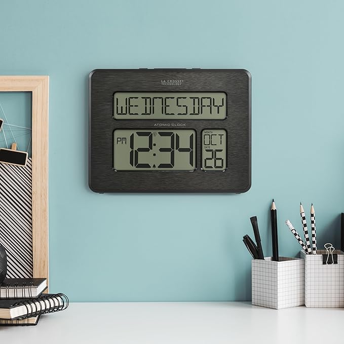 La Crosse Technology 513-1419C Atomic Digital Wall Clock with Calendar and Indoor Temperature