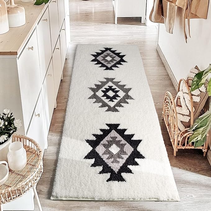 DEXDE Bathroom Runner Rugs 24x60 Boho Long Bath Mat for Bathroom Bedroom Hallway Kitchen Luxury Soft Absorbent Large Bath Rugs Bohemian Carpet Geometric Farmhouse Decor, Black White
