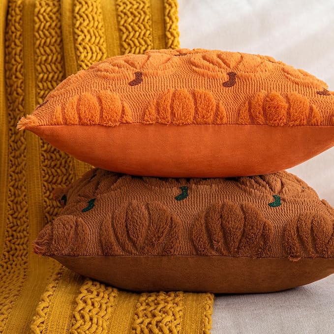 Pumpkin Fall Decorative Throw Pillow Covers 20"x20", Set of 2 Orange Brown Soft Faux Fur Pillow Covers for Autumn Harvest, Fluffy Plush Accent Pillow Cases for Farmhouse Halloween Decor