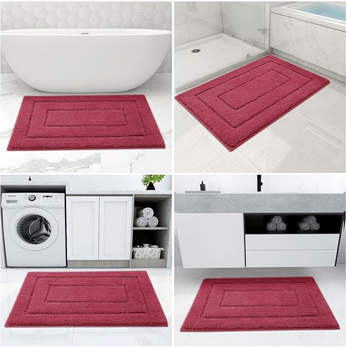 Buganda Bathroom Rugs, 24" x 16", Soft and Absorbent Microfiber Bath Rugs, Non-Slip Shaggy Shower Carpet, Machine Wash Dry Bath Mats for Bathroom Floor, Tub and Shower, Burgundy
