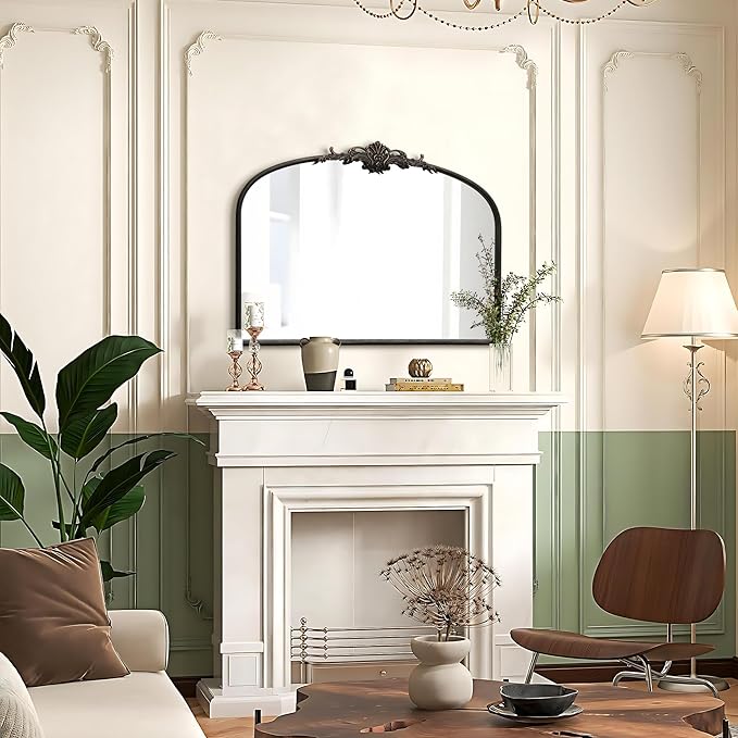Vintage Baroque Black Mirror: 32"x24" Arched Antique Wall Mounted Mirror - Traditional Ornate Metal Frame - Home Decor for Entryway/Fireplace/Living Room/Hallway/Bathroom