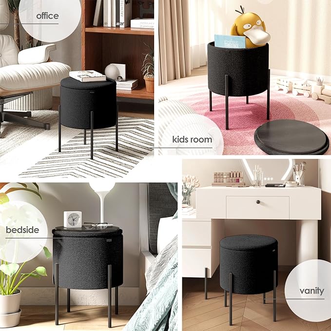 StorageBud Round Ottoman with Storage, Boucle Storage Ottoman, Foot Stool Ottoman, Makeup Vanity Stool, Small Ottoman Foot Rest, Modern Ottomans for Living Room and Bedroom, Black
