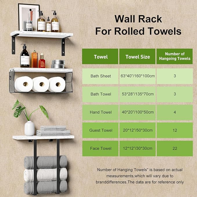 HAMITOR Floating Shelves Wall Mounted Over Toilet: Bathroom Shelf with Towel Rack Paper Holder Storage - Rustic Wood Farmhouse Shelves for Wall Decor/Bathroom