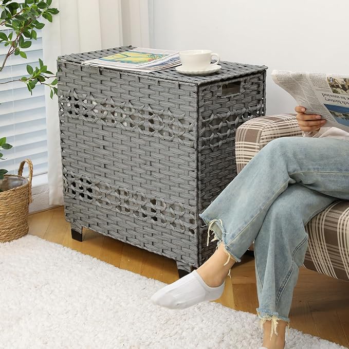 OIAHOMY Laundry Hamper with Lid, 140L Clothes Hamper with 3 Removable Liner Bags, Foldable Basket with Lid, Synthetic Wicker Laundry Basket for Bedroom, 27x 13 x 26 Inches, Grey