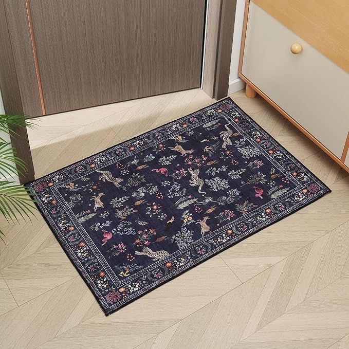Door Mat Indoor Entrance 2x3 Rug Machine Washable Boho Floral Animal Small Area Rug Non-Slip Low Pile Throw Rugs for Entryway, Kitchen, Front Door Indoor Entrance, Entry, Kids Room (Blue)