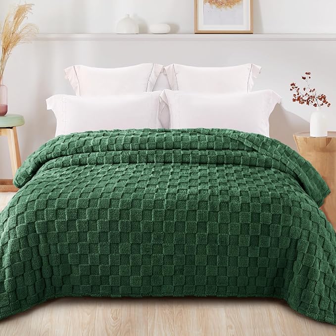 Exclusivo Mezcla Twin Size Flannel Fleece Blanket, Super Soft and Warm Lightweight Checkered Pattern Blankets for All Seasons, 60x80 Inches, Forest Green
