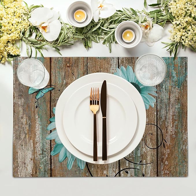 Giwawa Rustic Daisy Placemats Set of 4- Teal Sunflowers on Vintage Wood Board Linen Place Mat- Farmhouse Wooden Non Slip Heat Resistant Table Mats for Dining Kitchen Cabin Lodge Decor
