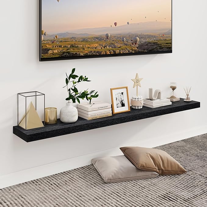 Fun Memories Floating Shelves for Wall, 55Inch Floating Shelves Set of 2, Hanging Shelf with Invisible Brackets, Wood Shelves for Living Room, Bedroom, Kitchen, Black