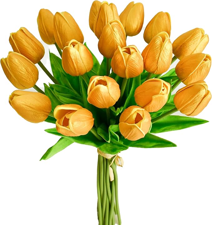 Mandy's Artificial Tulips 20 Stems Gold PU Faux Flowers for Wedding Home Decor 13.5 Inch