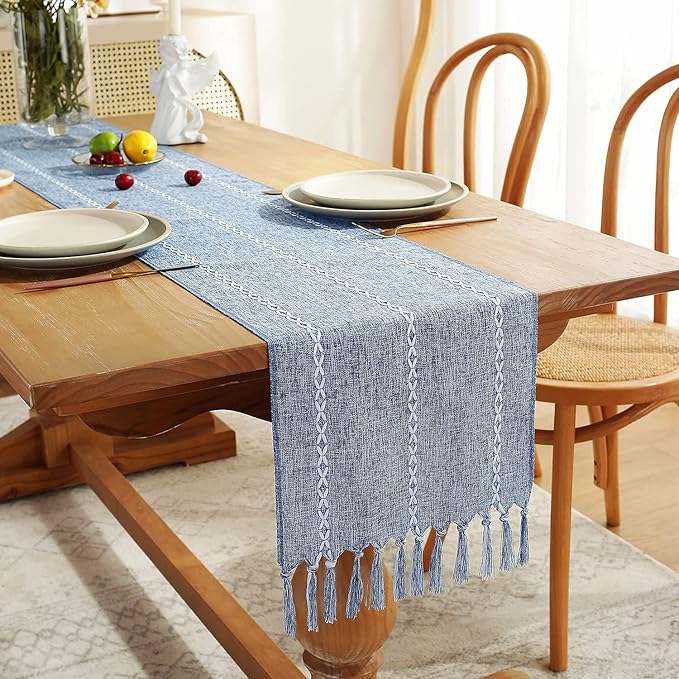 Chassic Rustic Farmhouse Style Linen Table Runner, Boho Handmade Tassel Embroidery Table Runners 72 Inches Long for Holiday Party, Dresser and Dining Decorations, 13 x 72 inch - Blue