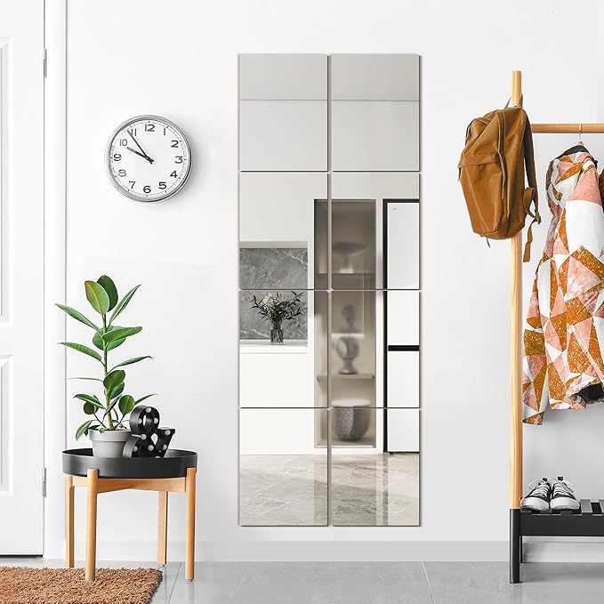 Wall Mirror Tiles, 16"x12"x8PCS Full Length Home Gym Mirror for Garage, Bedroom, Living Room, Over The Door