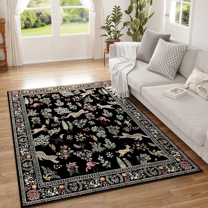 Area Rug 4x6 Rug Washable Boho Rugs Non Slip Low Pile Floral Animal Small Carpet for Bedroom, Bedside, Kids Room, Office, Dining Room (Black)