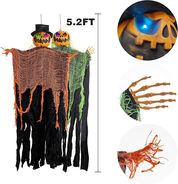FUNPENY 2 Pack 5.2' Hanging Ghost Pumpkin with Bendable Arms, Halloween Skeleton Pumpkin Decorations with Color Changing Lighted Eyes for Halloween Party Lawn Outdoor Indoor Decor