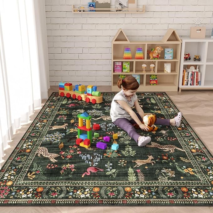 Area Rugs 8x10 Rug for Living Room Clearance Washable Boho Area Rug Non Slip Floral Animal Vintage Low Pile Large Rug for Living Room, Bedroom, Farmhouse, Dining Room, Kids Playroom (Green)