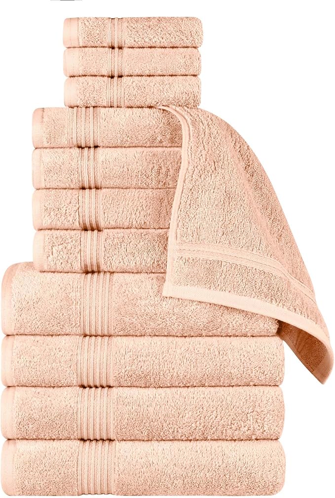 Superior Egyptian Cotton 12-Piece Towel Set, Assorted Towels for Home Bathroom, Guest Bath Decor Essentials, Includes 4 Bath, 4 Hand, 4 Face Towels/Washcloths, Quick Dry, Absorbent - Peach