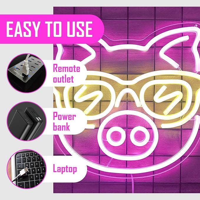 SunGlasses Pig Neon Sign Cute Neon Led Sign for Wall Decor Neon Light Sign Light Up Sign for Bedroom Game Kids Room Bar Club Party Decor Gift