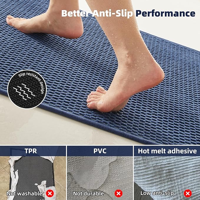 Bathroom Runner Rugs, Long Bath Mat Runner Washable Thin Quick Dry Low Pile Bathroom Runner Rugs Non Slip, Navy Blue 24"x70"