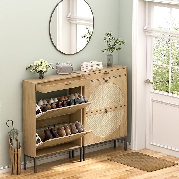 Yechen Shoe Rack Storage Organizer with 2 Natural Semi-Circular Rattan Doors, Large Entryway Wooden Shoe Cabinet for Sneakers, Leather Shoes, Slippers (1 Piece, Light Beige)